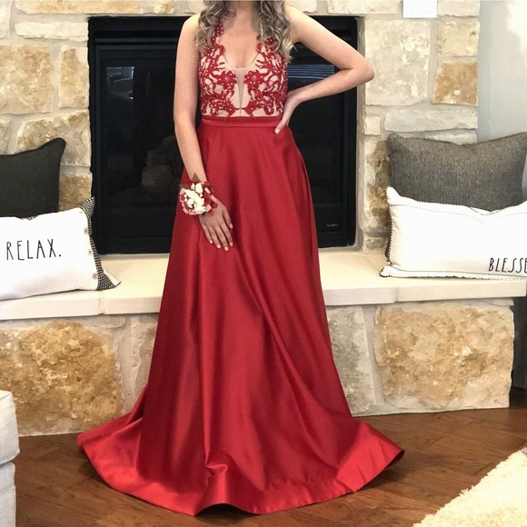 Say Yes To The Prom Embroidered Lace A-Line Dress Size 1 Pockets Backless Red - Picture 5 of 16